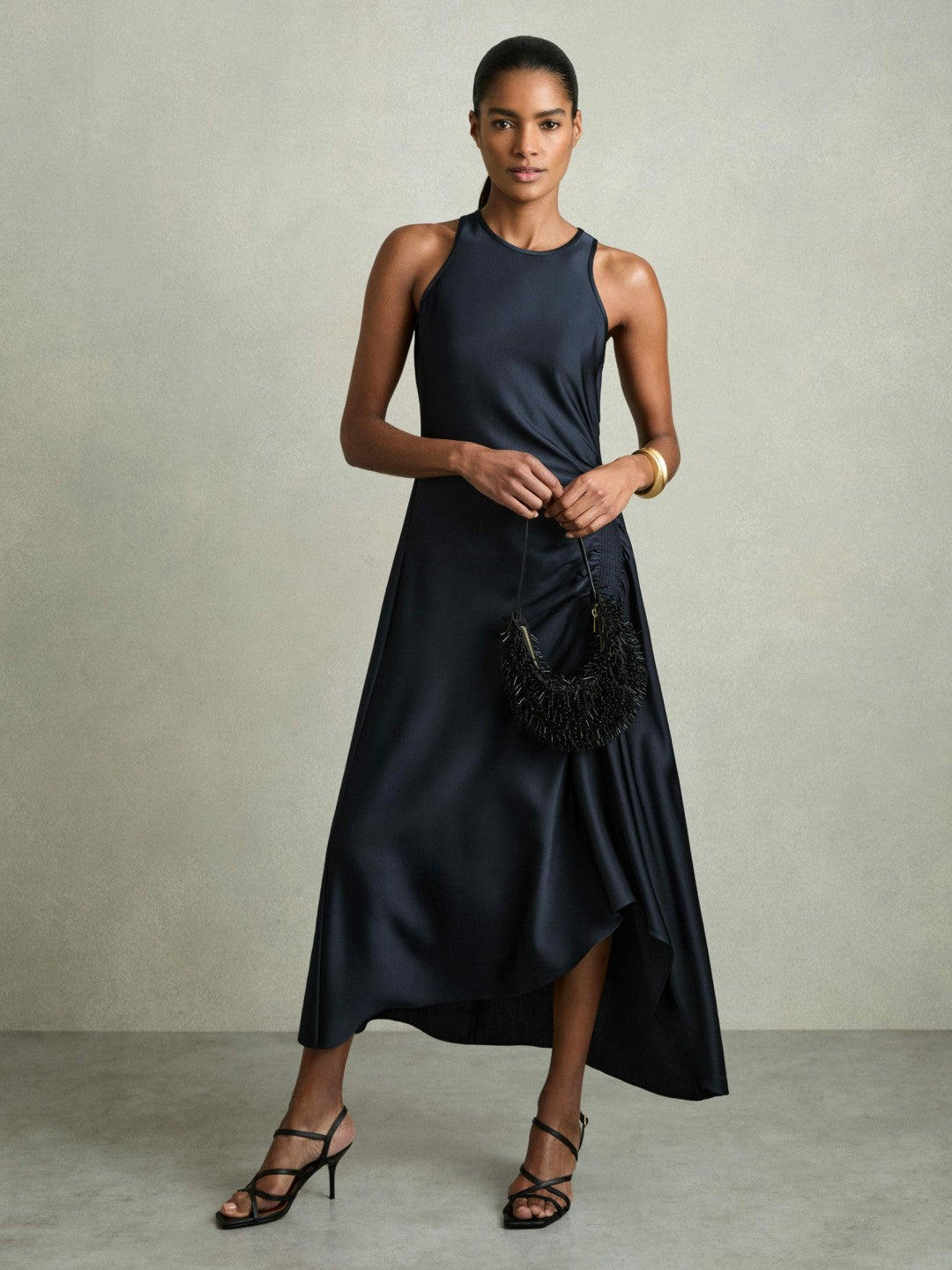 Women Satin Shirred Midi Dress in Navy
