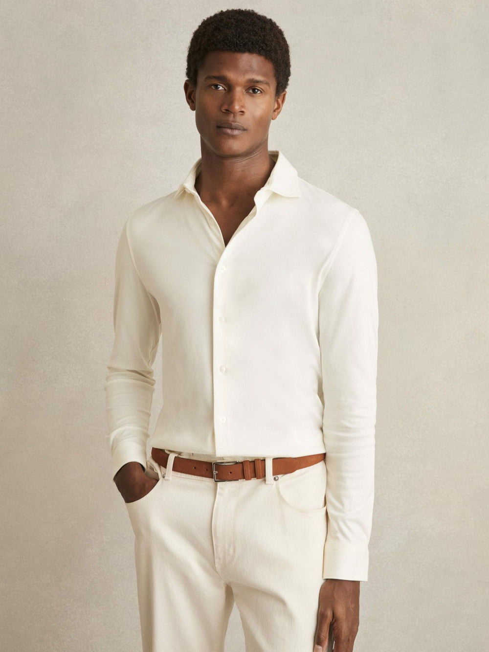 Men Cotton-Jersey Button-Through Shirt in Ecru