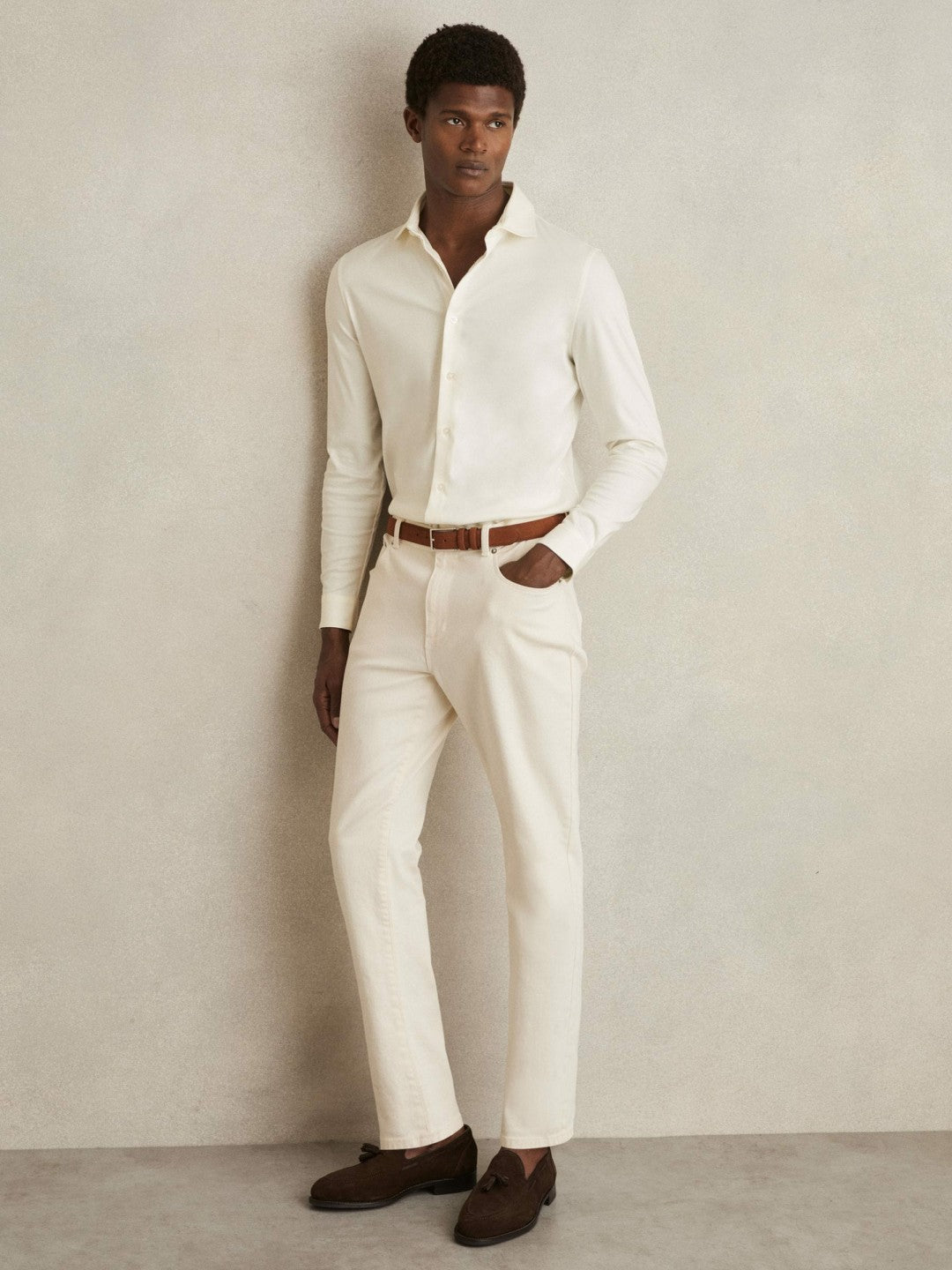 Men Cotton-Jersey Button-Through Shirt in Ecru