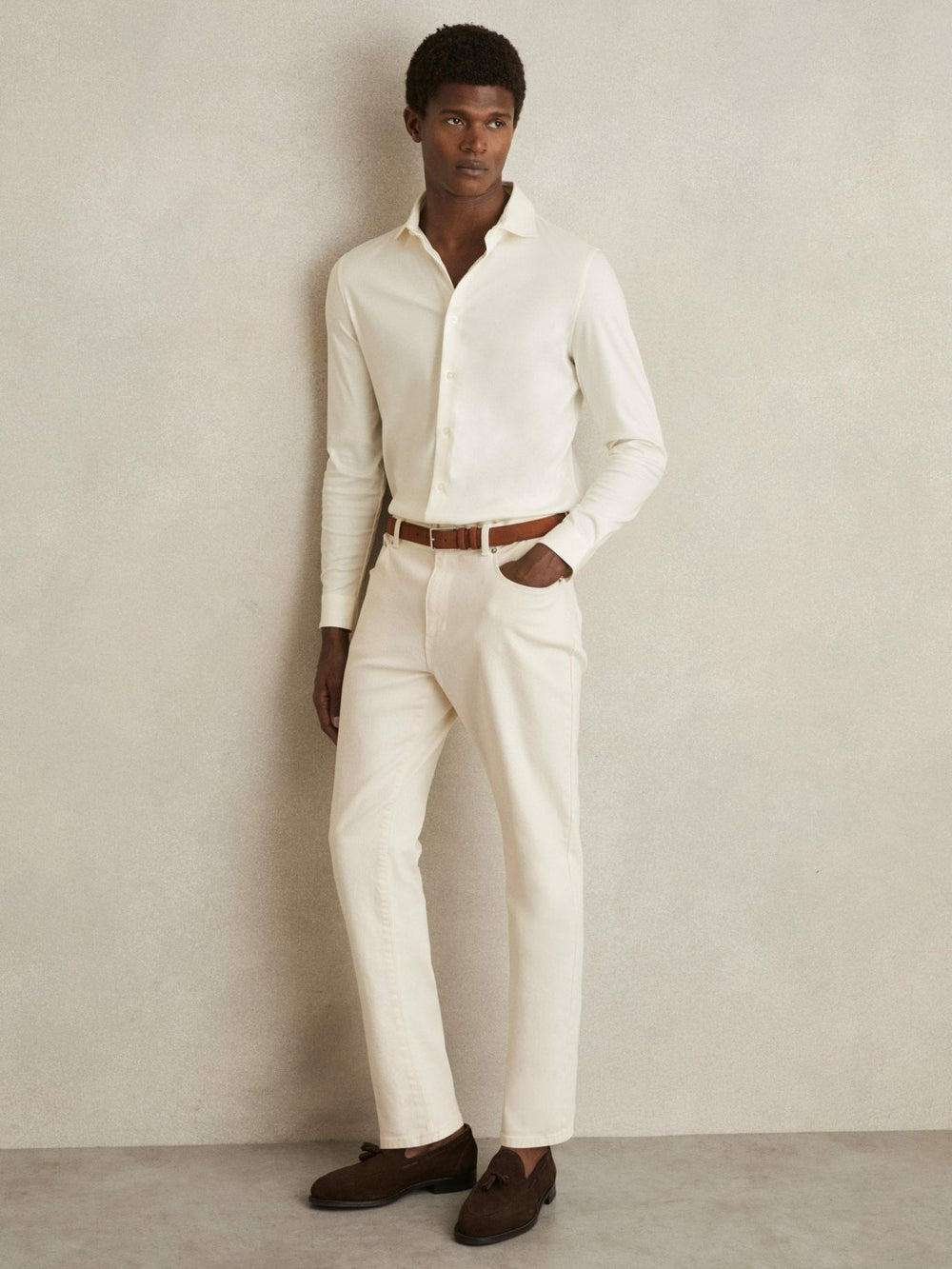 Men Cotton-Jersey Button-Through Shirt in Ecru