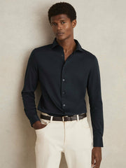 Men Cotton-Jersey Button-Through Shirt in Navy