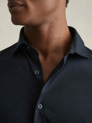 Men Cotton-Jersey Button-Through Shirt in Navy