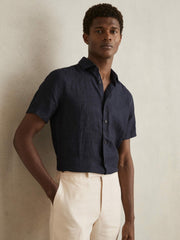 Men Slim Fit Linen Button-Through Shirt in Navy