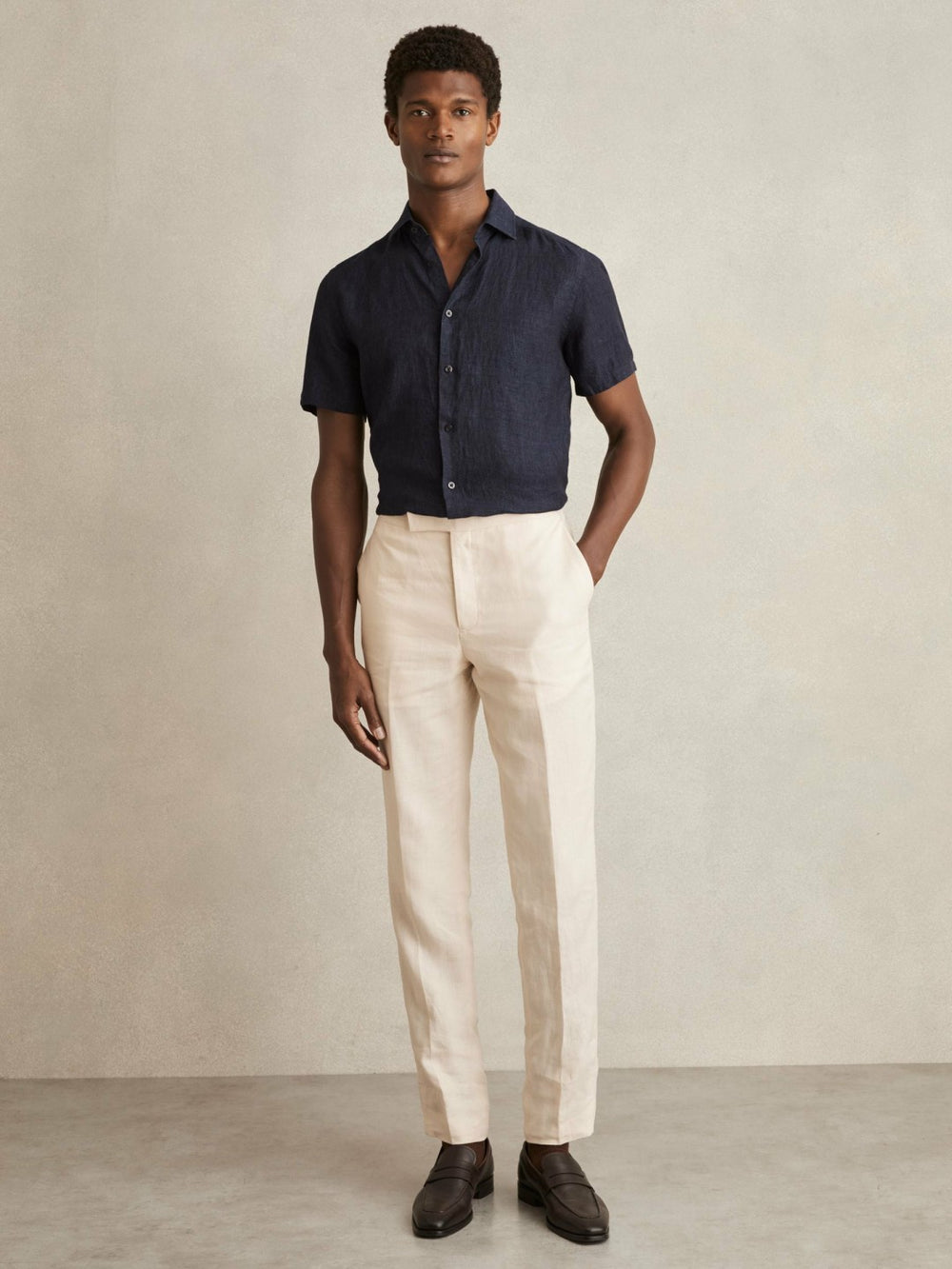 Men Slim Fit Linen Button-Through Shirt in Navy