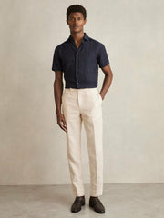 Men Slim Fit Linen Button-Through Shirt in Navy