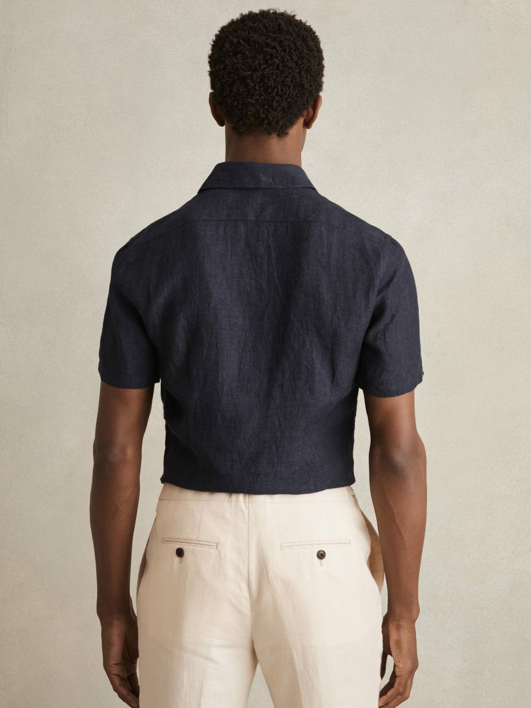 Men Slim Fit Linen Button-Through Shirt in Navy