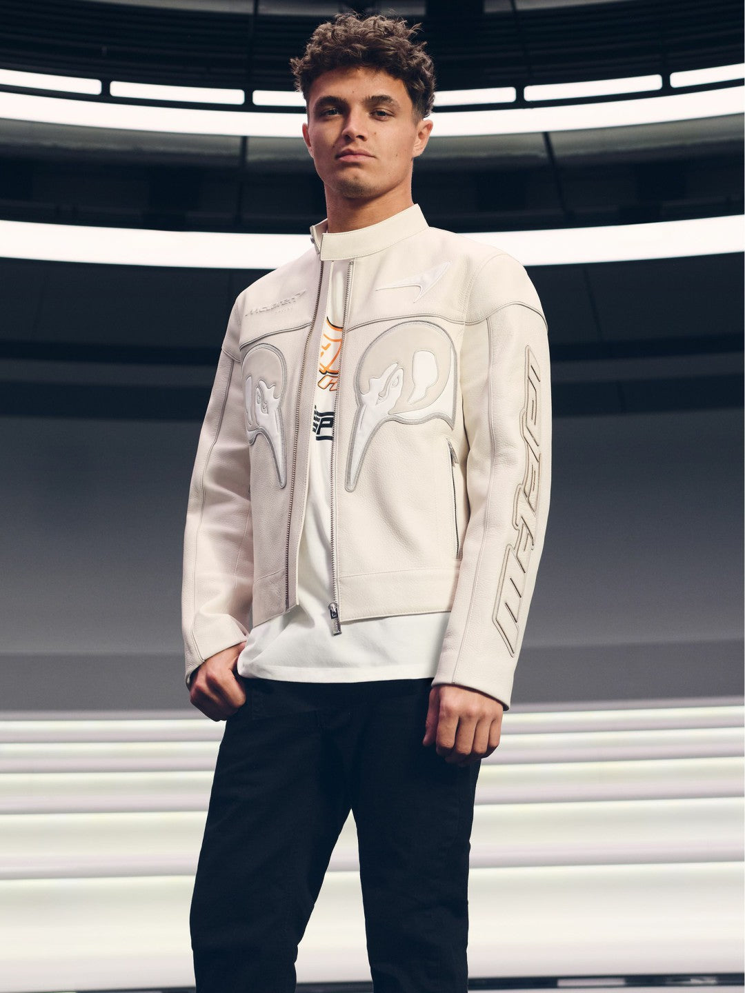 Men McLaren F1 Team Leather Biker Jacket in Off White