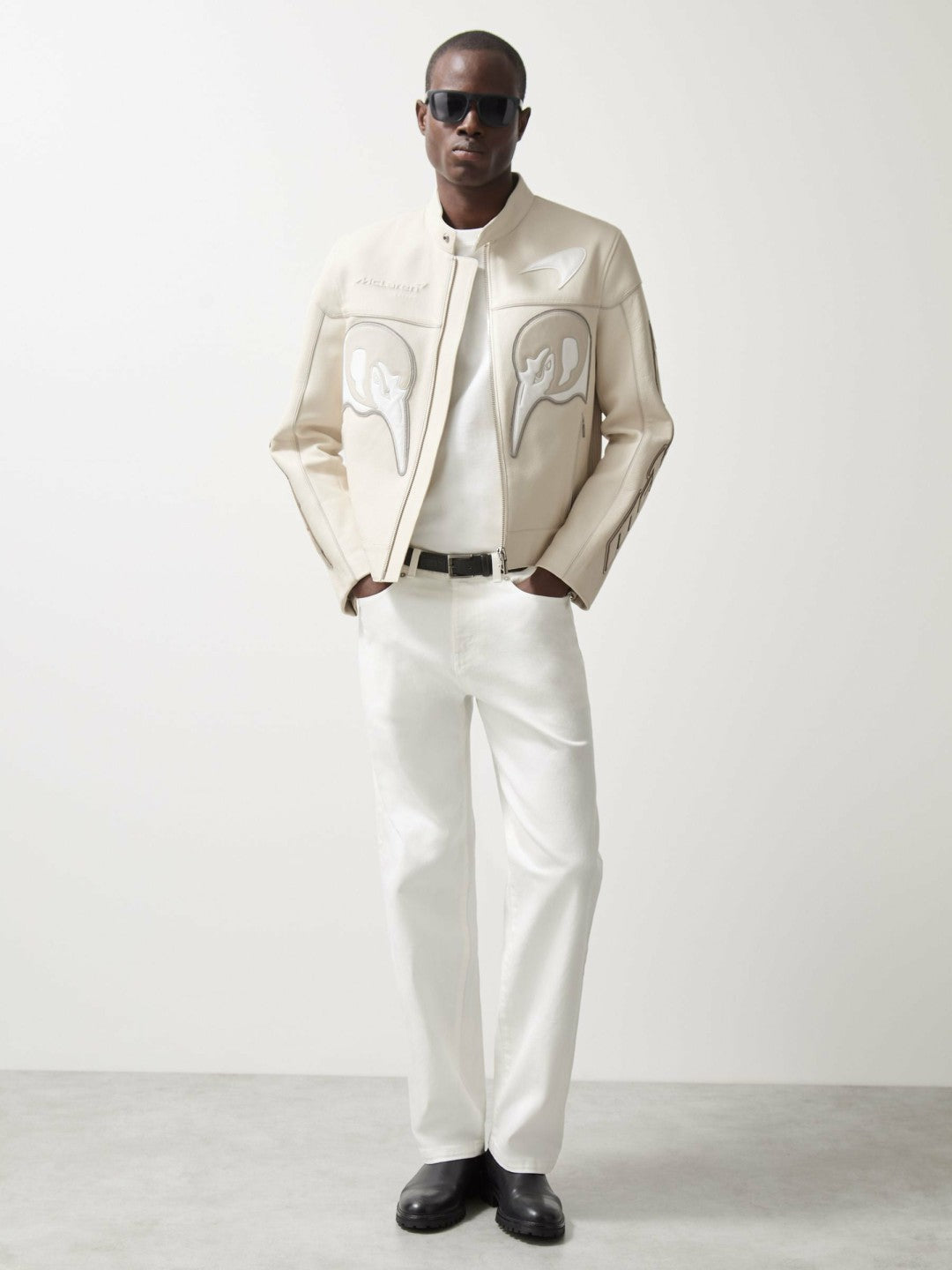 Men McLaren F1 Team Leather Biker Jacket in Off White