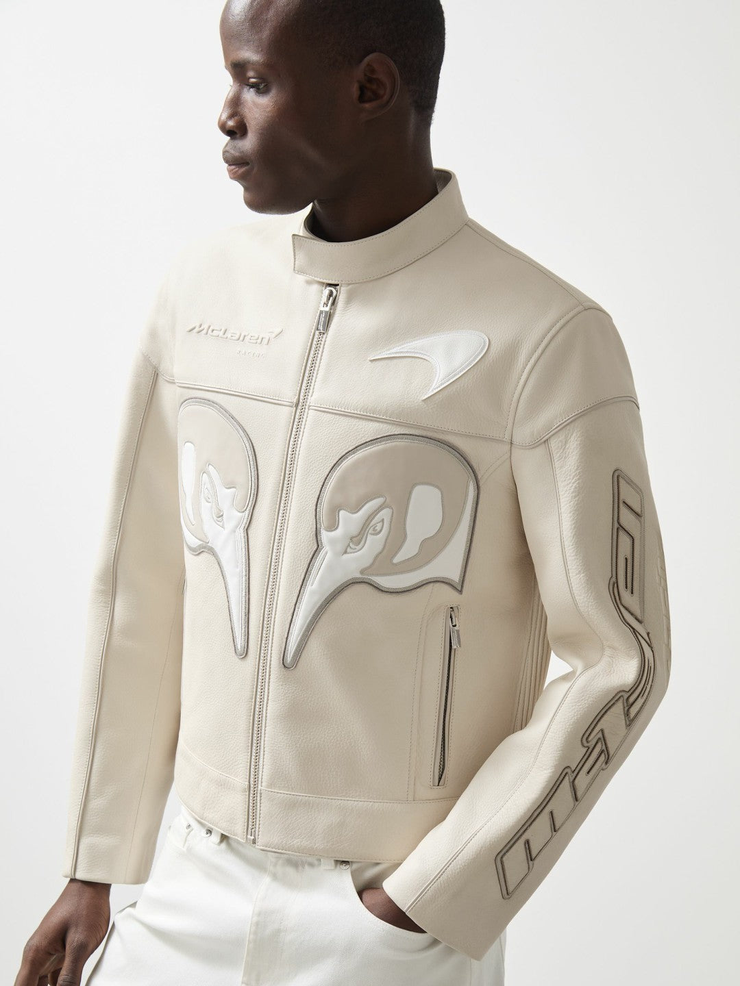 Men McLaren F1 Team Leather Biker Jacket in Off White