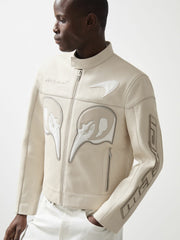 Men McLaren F1 Team Leather Biker Jacket in Off White