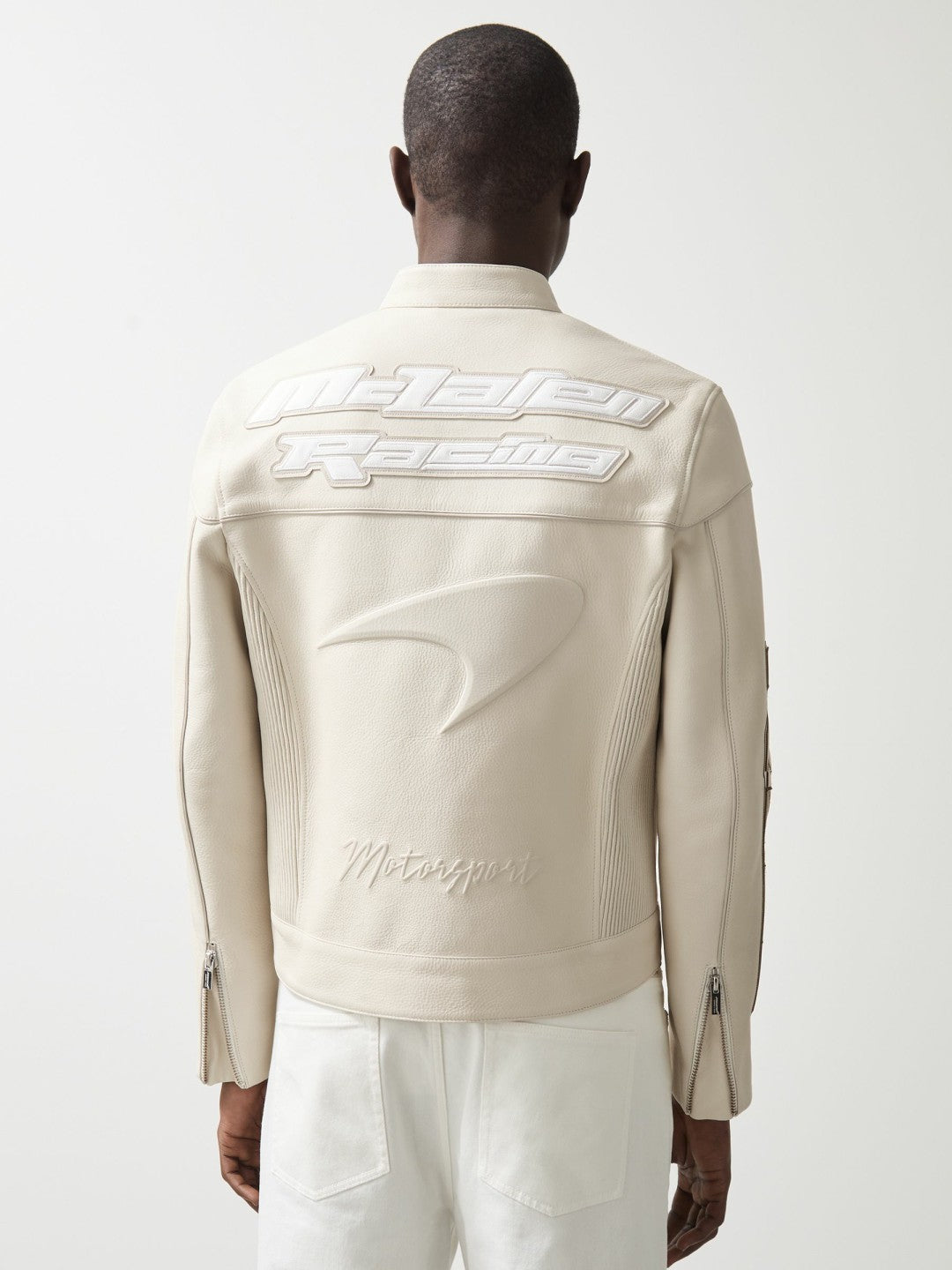 Men McLaren F1 Team Leather Biker Jacket in Off White