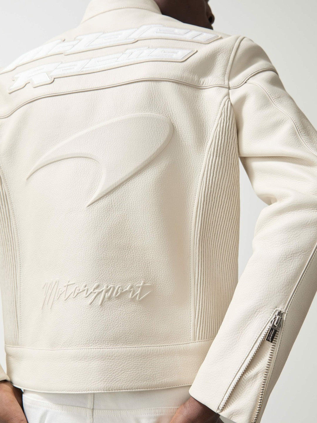 Men McLaren F1 Team Leather Biker Jacket in Off White