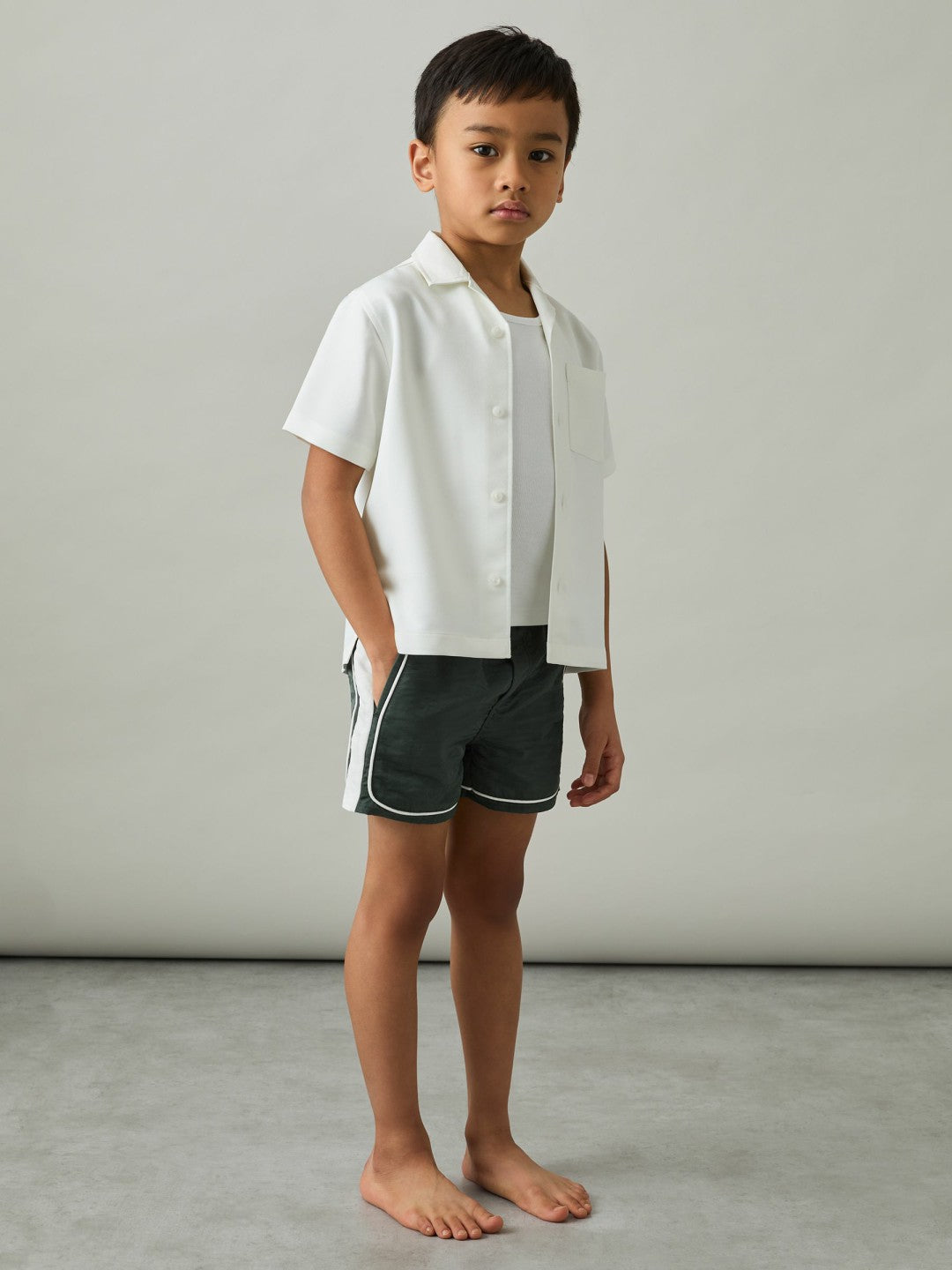 Children & Baby 3-9 yrs Colour-Block Piped Swim Shorts in Green/White
