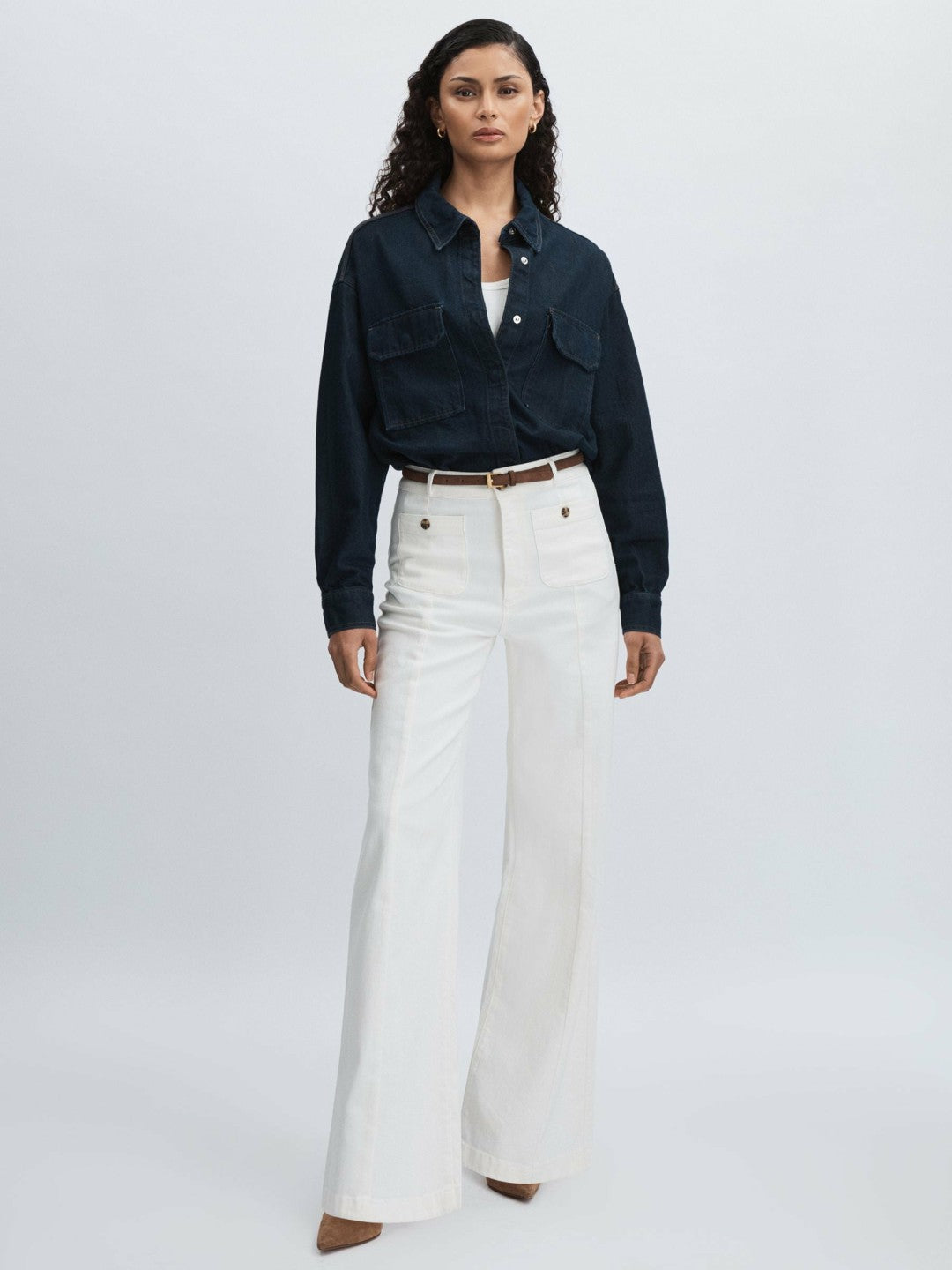 Women Paige Wide-Leg Patch Pocket Jeans in Ecru
