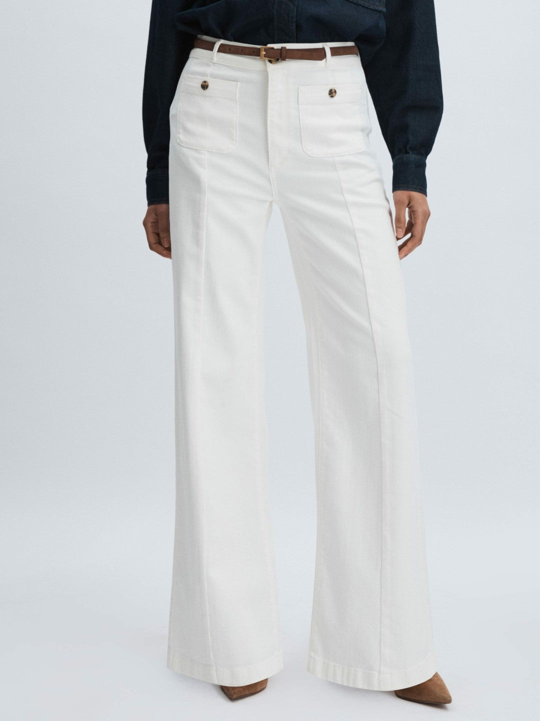 Women Paige Wide-Leg Patch Pocket Jeans in Ecru