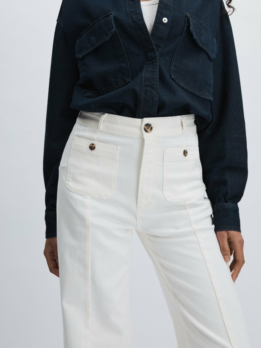Women Paige Wide-Leg Patch Pocket Jeans in Ecru