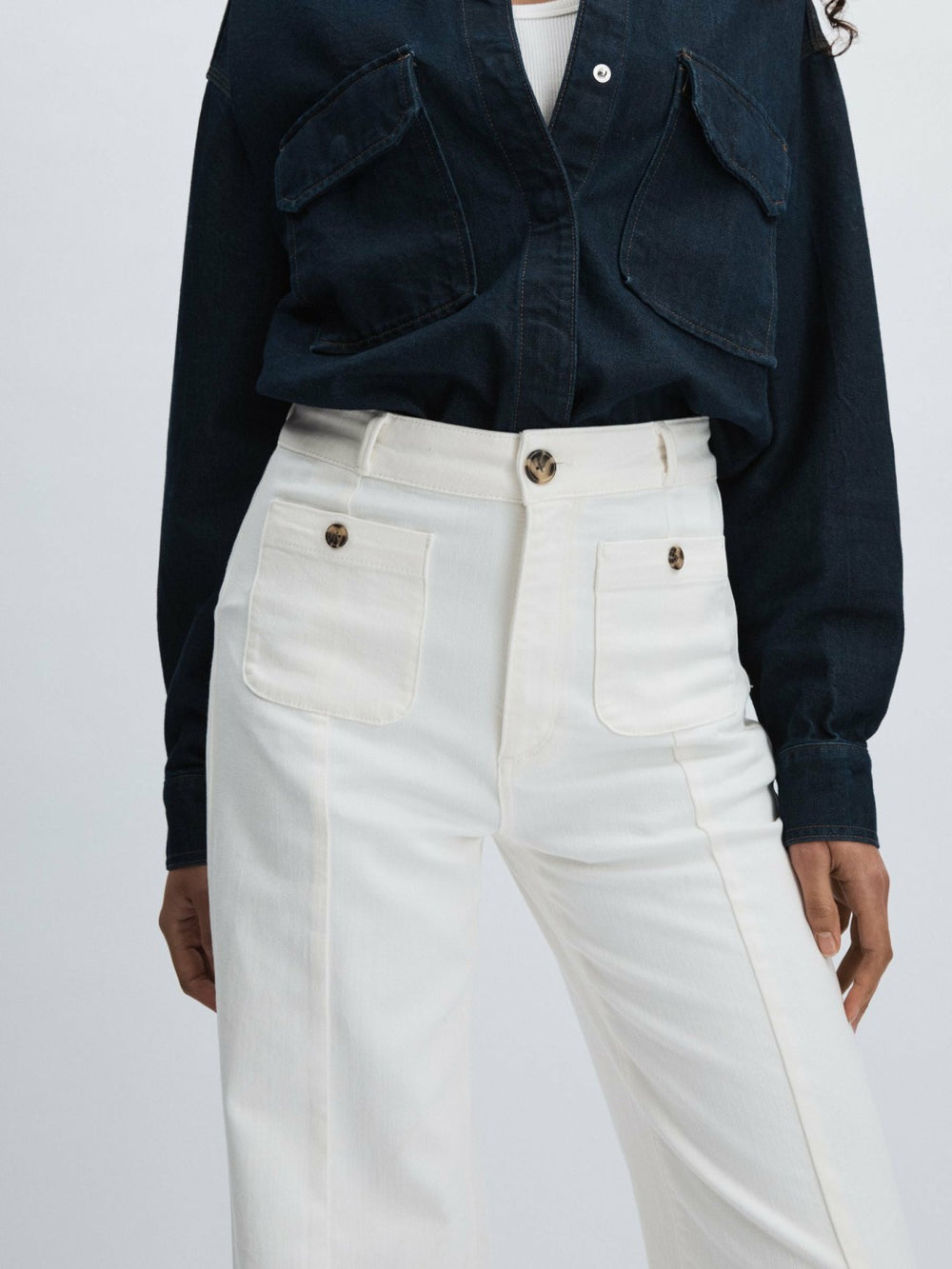 Women Paige Wide-Leg Patch Pocket Jeans in Ecru