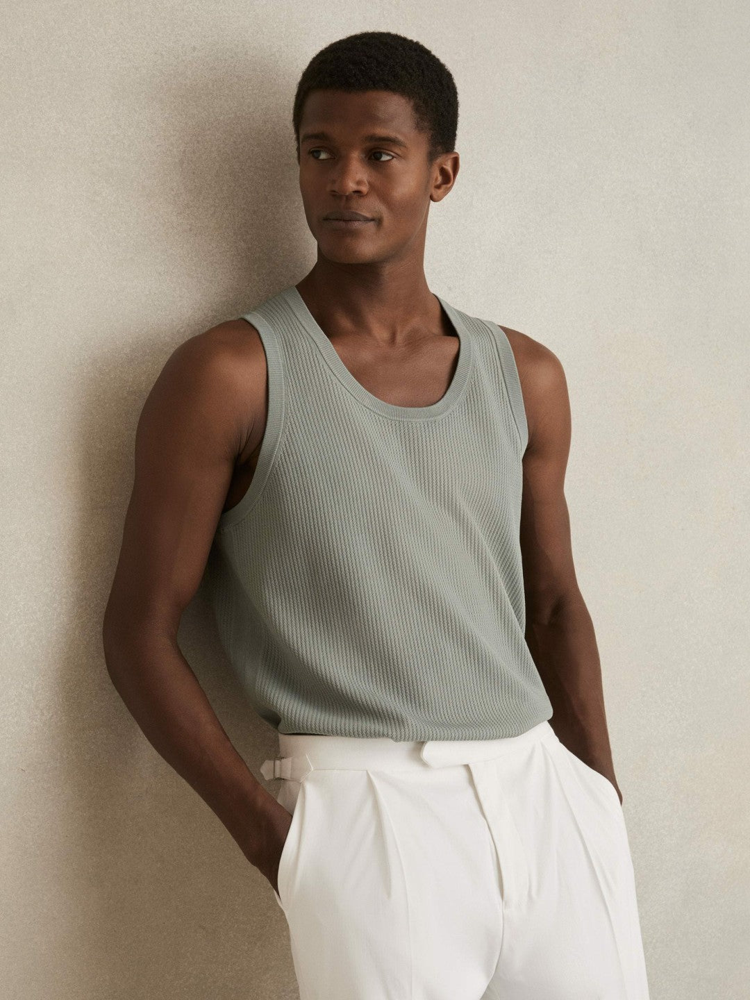 Men Textured Crew Neck Ribbed Vest in Sage Green