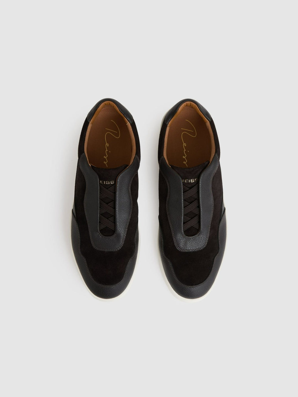Men Leather Elasticated-Lace Trainers in Espresso Brown