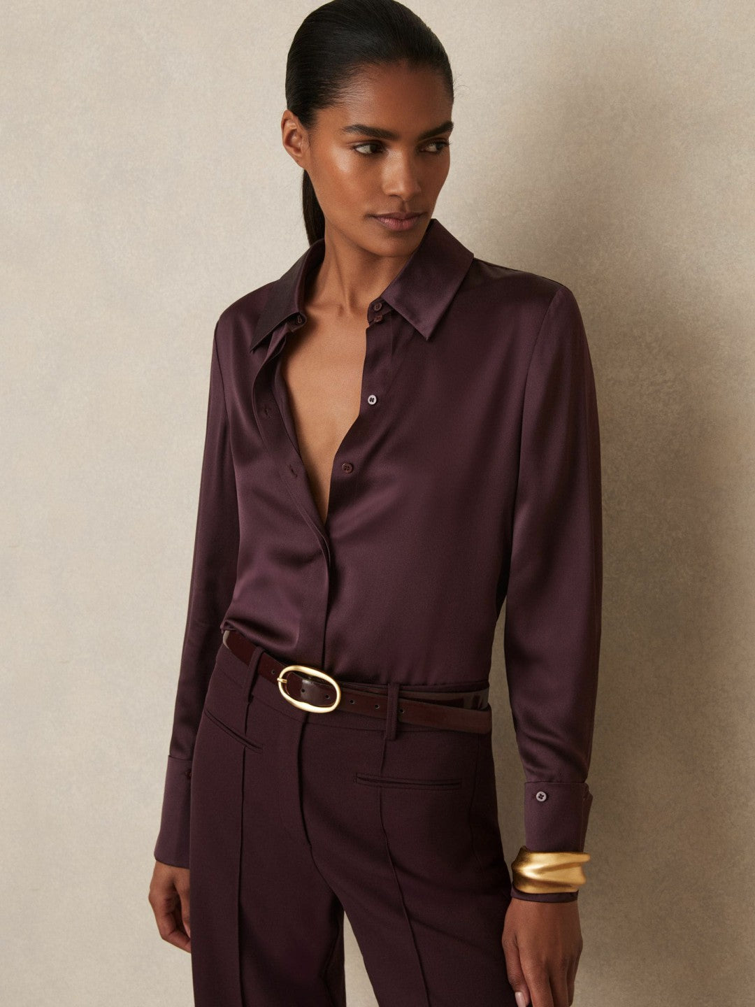 Women Silk Double-Cuff Button-Through Shirt in Red