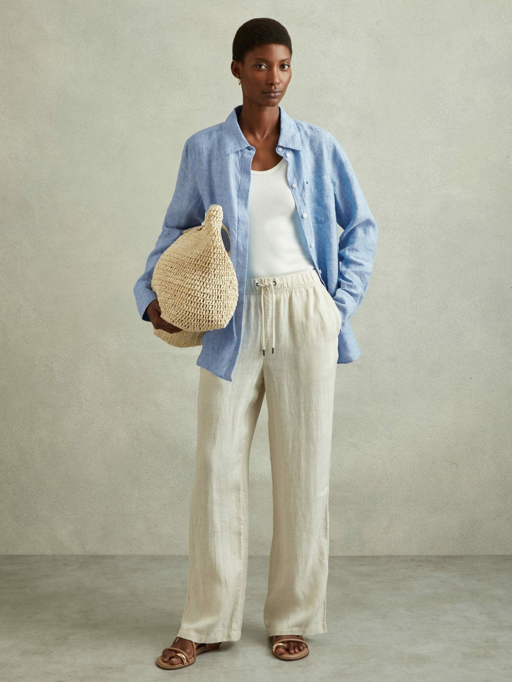 Women Linen Button-Through Shirt in Blue