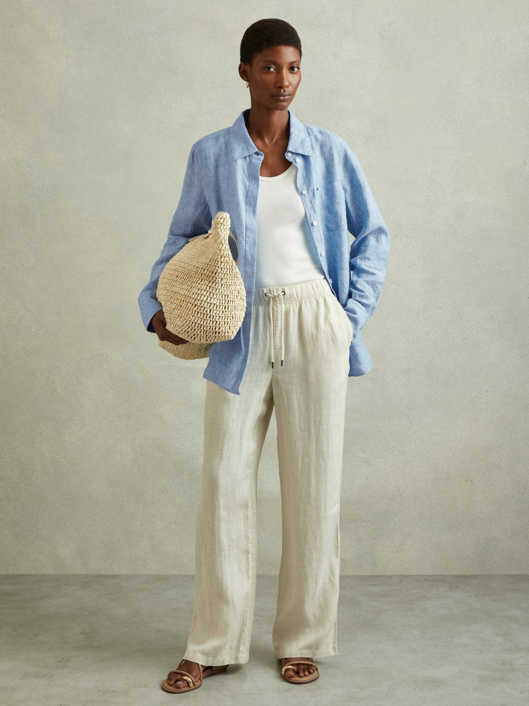 Women Linen Button-Through Shirt in Blue