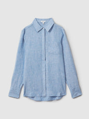 Women Linen Button-Through Shirt in Blue