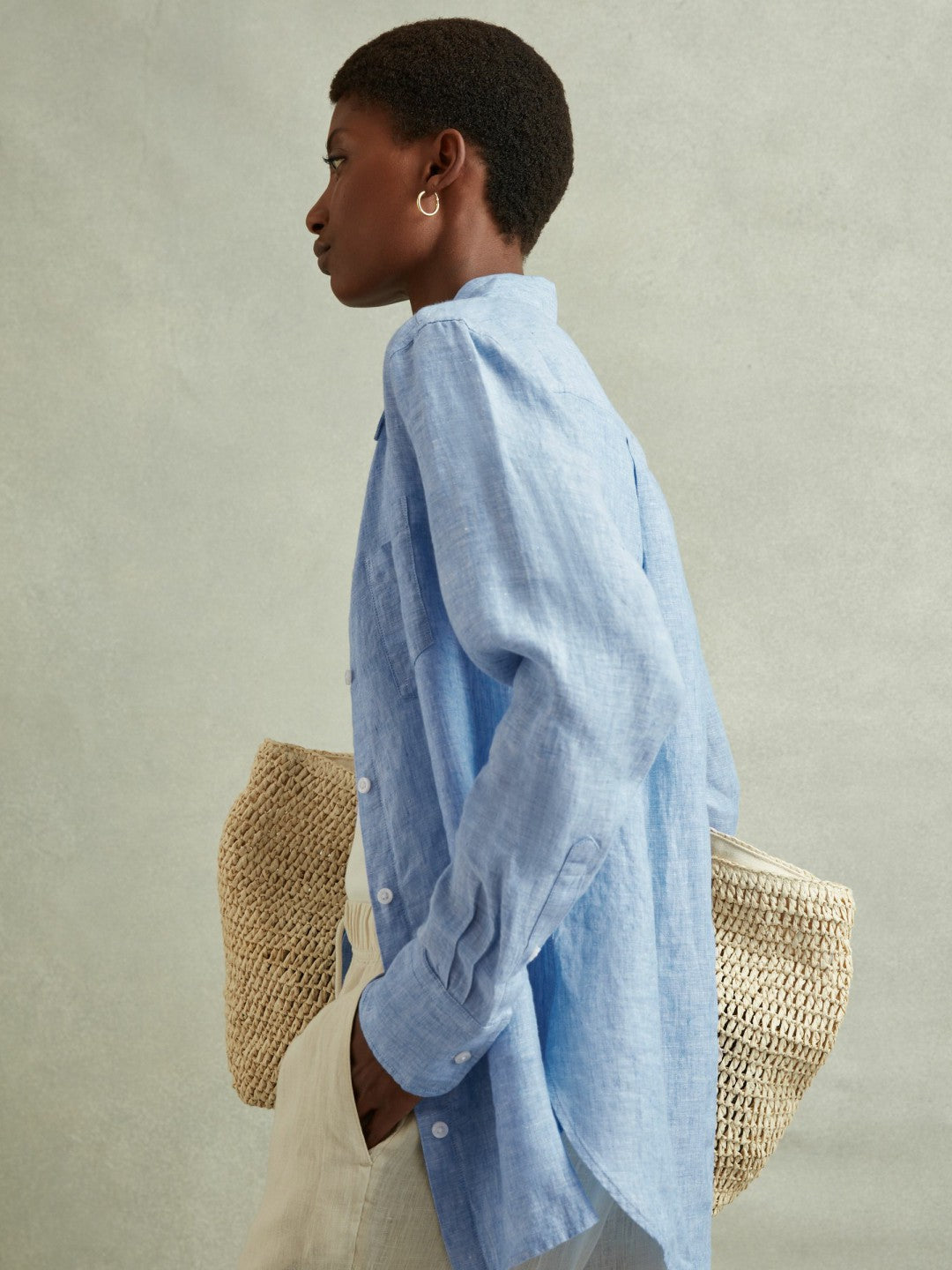 Women Linen Button-Through Shirt in Blue