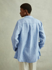 Women Linen Button-Through Shirt in Blue