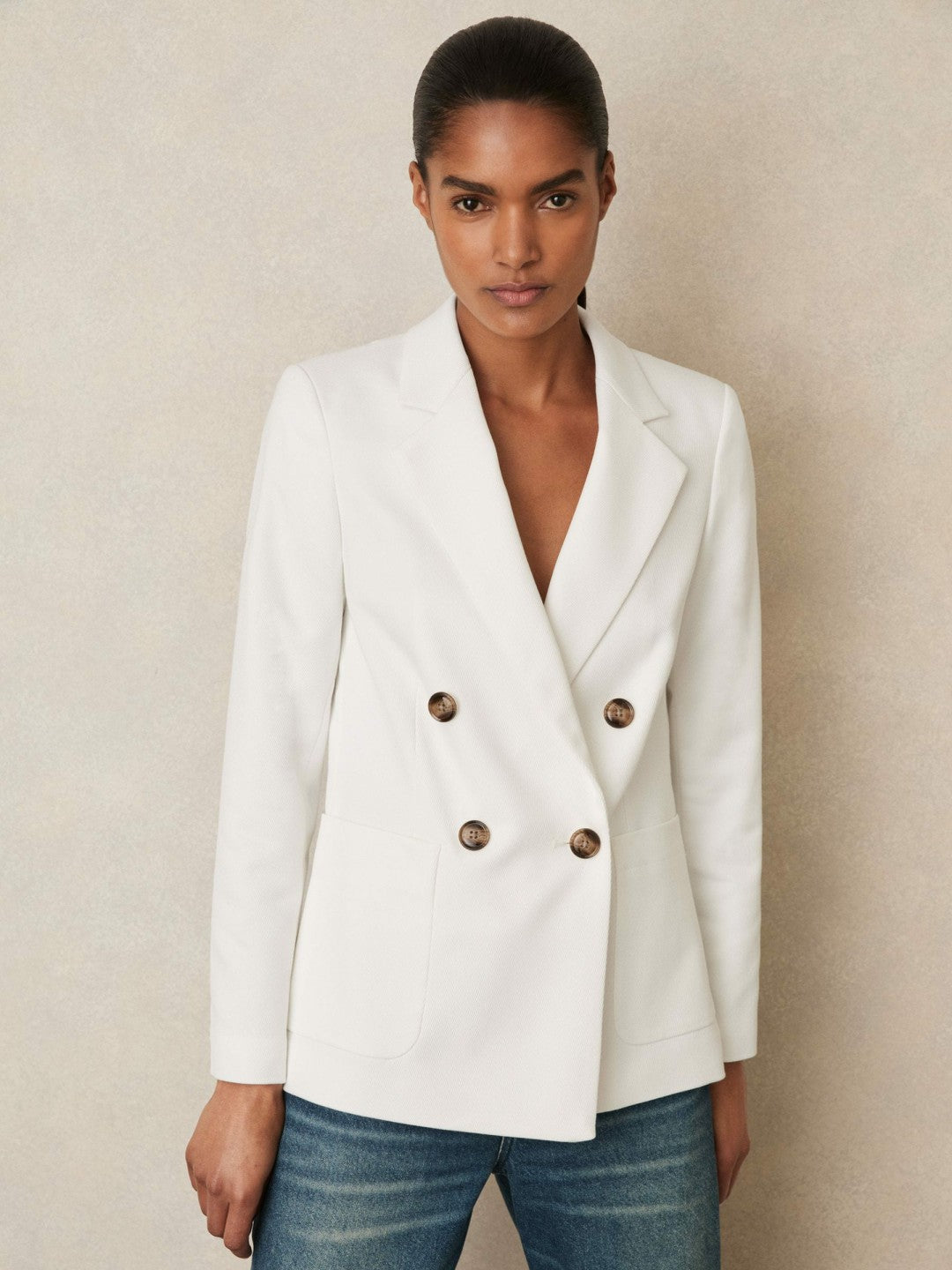 Women Double-Breasted Notch-Lapel Blazer in White