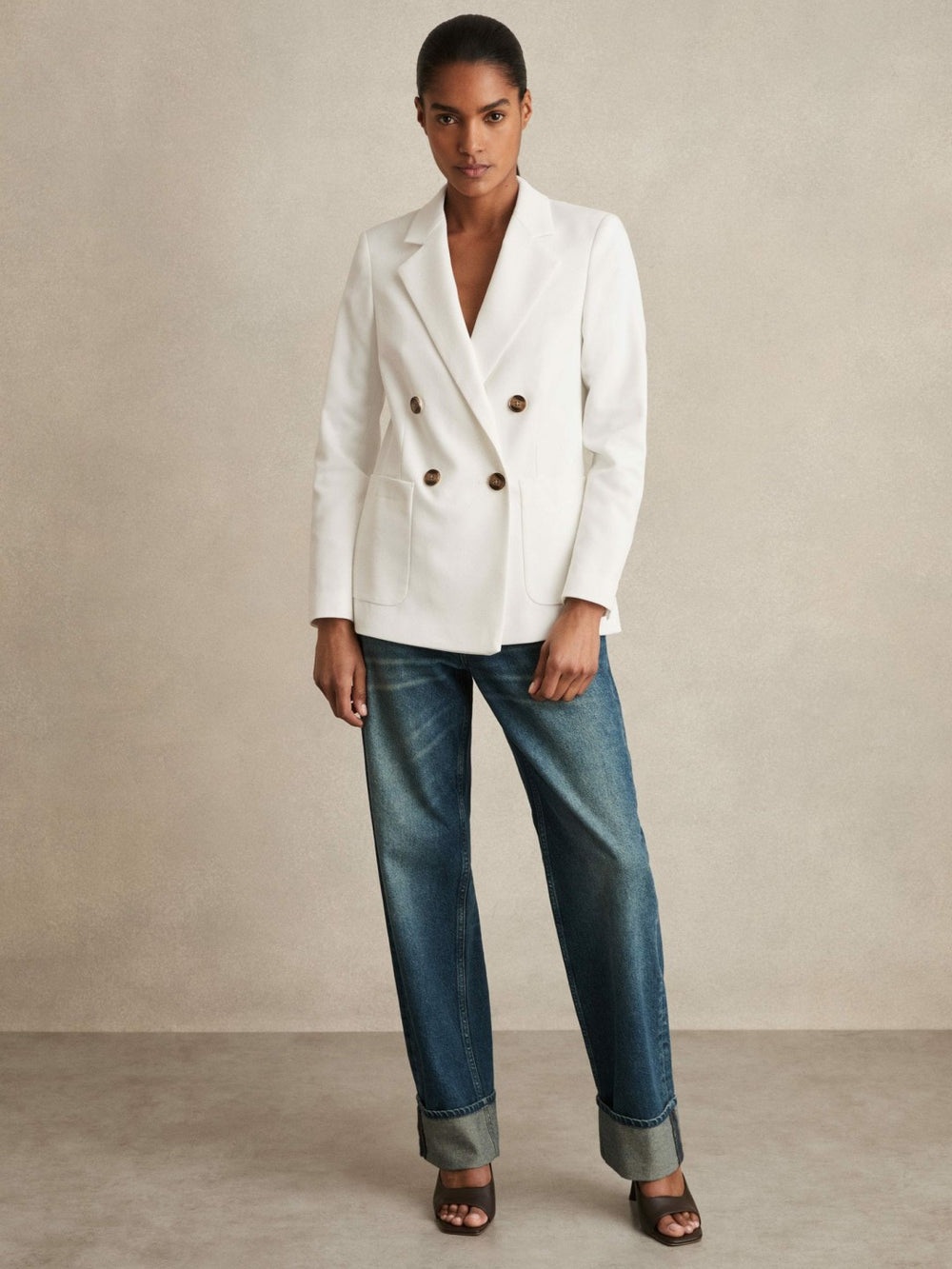 Women Double-Breasted Notch-Lapel Blazer in White