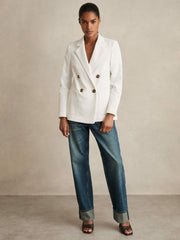 Women Double-Breasted Notch-Lapel Blazer in White