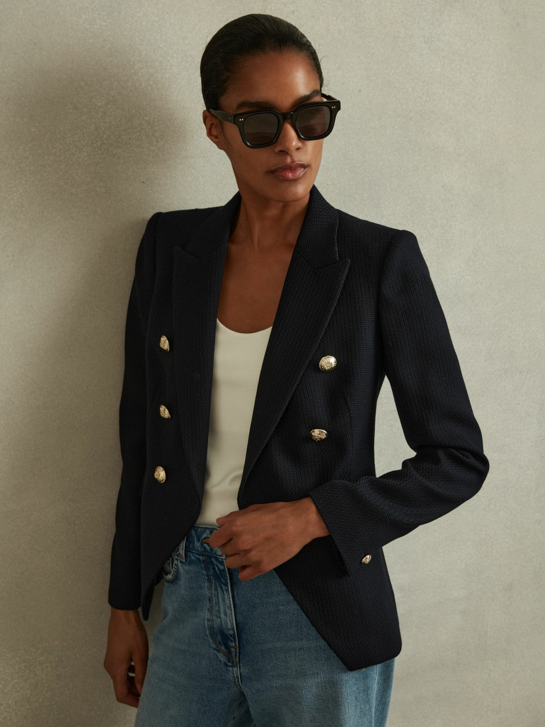 Women Tailored Fit Textured Double Breasted Blazer in Navy