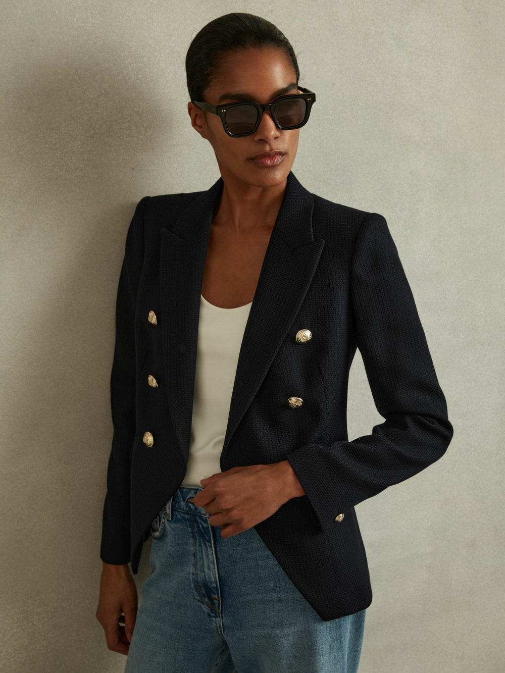 Women Tailored Fit Textured Double Breasted Blazer in Navy