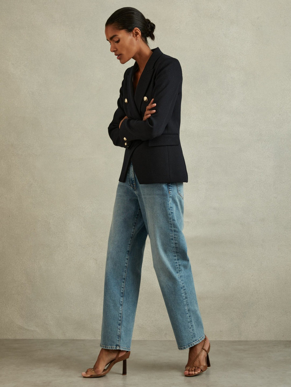 Women Tailored Fit Textured Double Breasted Blazer in Navy