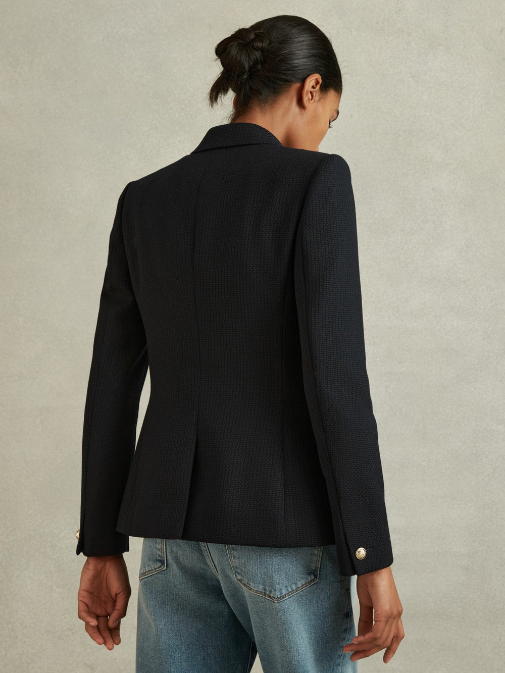 Women Tailored Fit Textured Double Breasted Blazer in Navy
