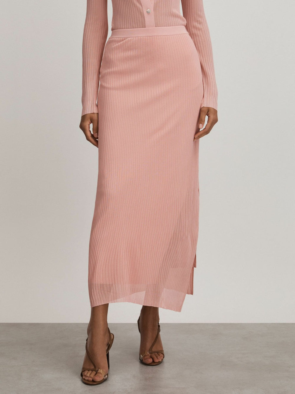 Women Carrie Pink Anna Quan Sheer Ribbed Knitted Midi Skirt