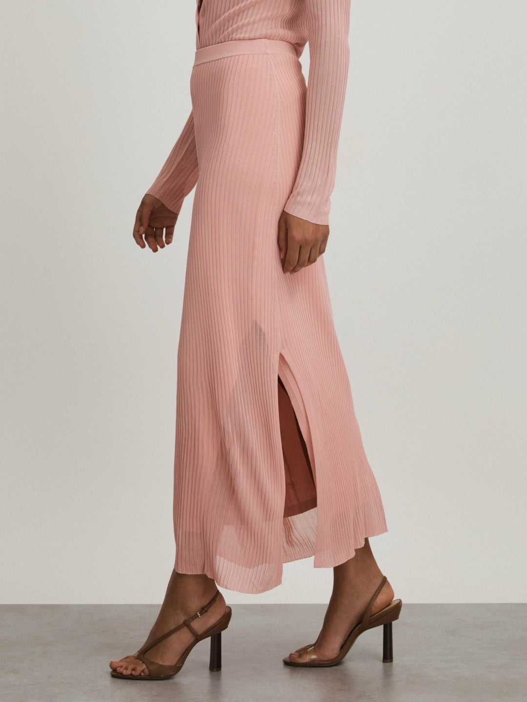 Women Carrie Pink Anna Quan Sheer Ribbed Knitted Midi Skirt