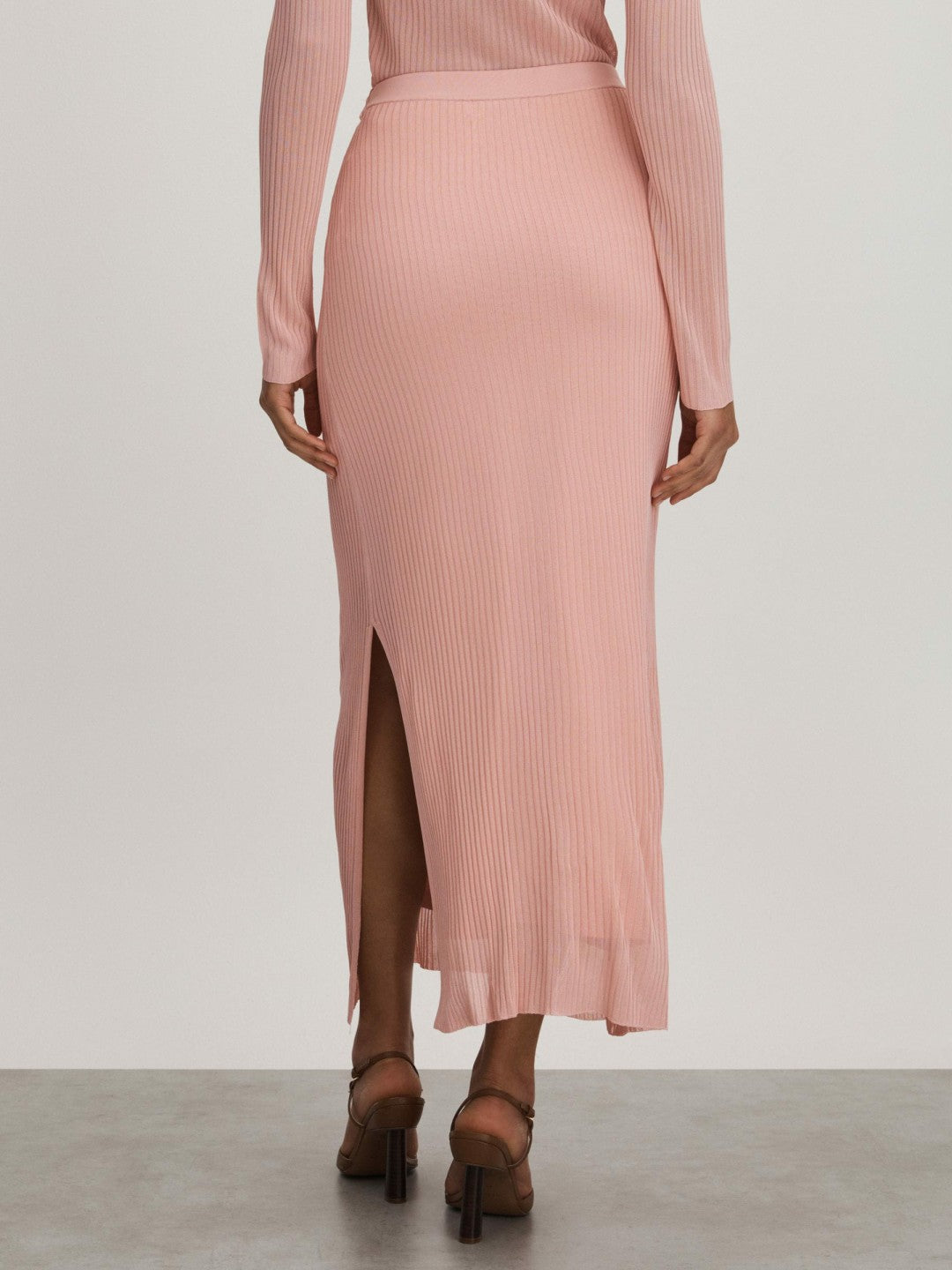 Women Carrie Pink Anna Quan Sheer Ribbed Knitted Midi Skirt