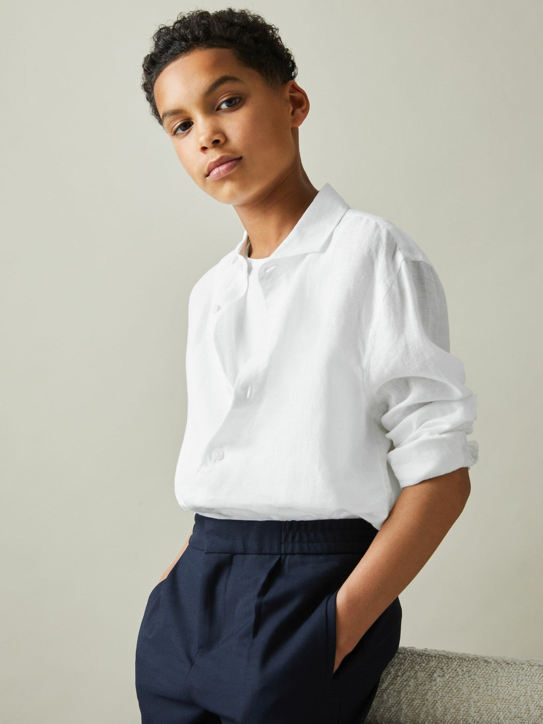 Children & Baby 9-13 yrs Linen Cutaway Collar Shirt in White