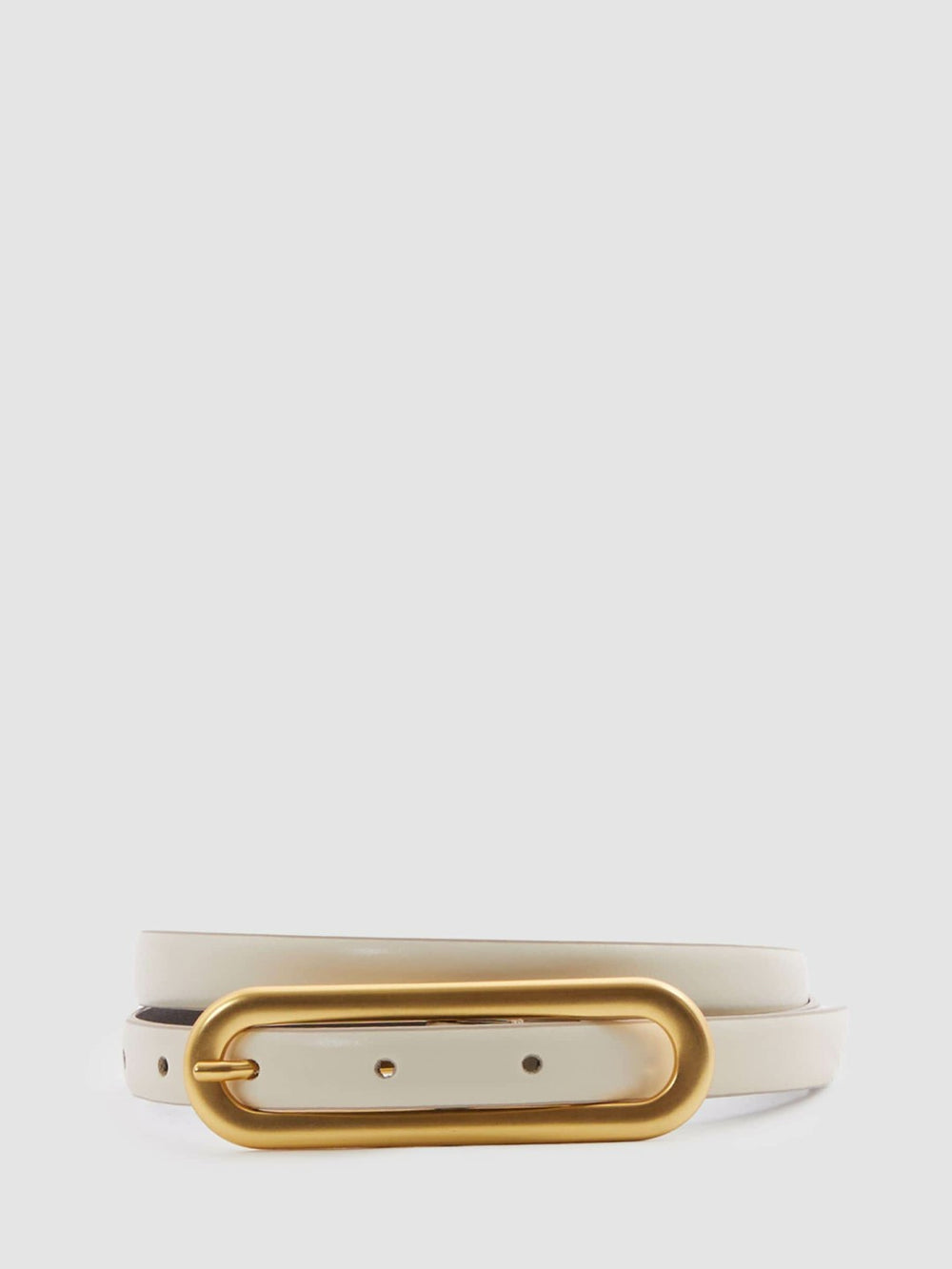 Women Thin Leather Elongated Buckle Belt in Off White