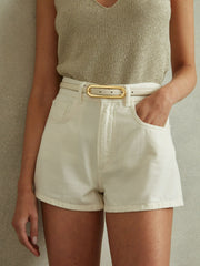 Women Thin Leather Elongated Buckle Belt in Off White
