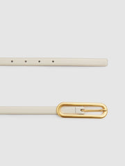 Women Thin Leather Elongated Buckle Belt in Off White