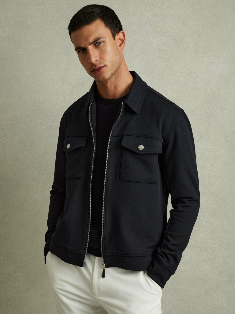 Men Interlock Jersey Zip-Through Jacket in Navy Blue