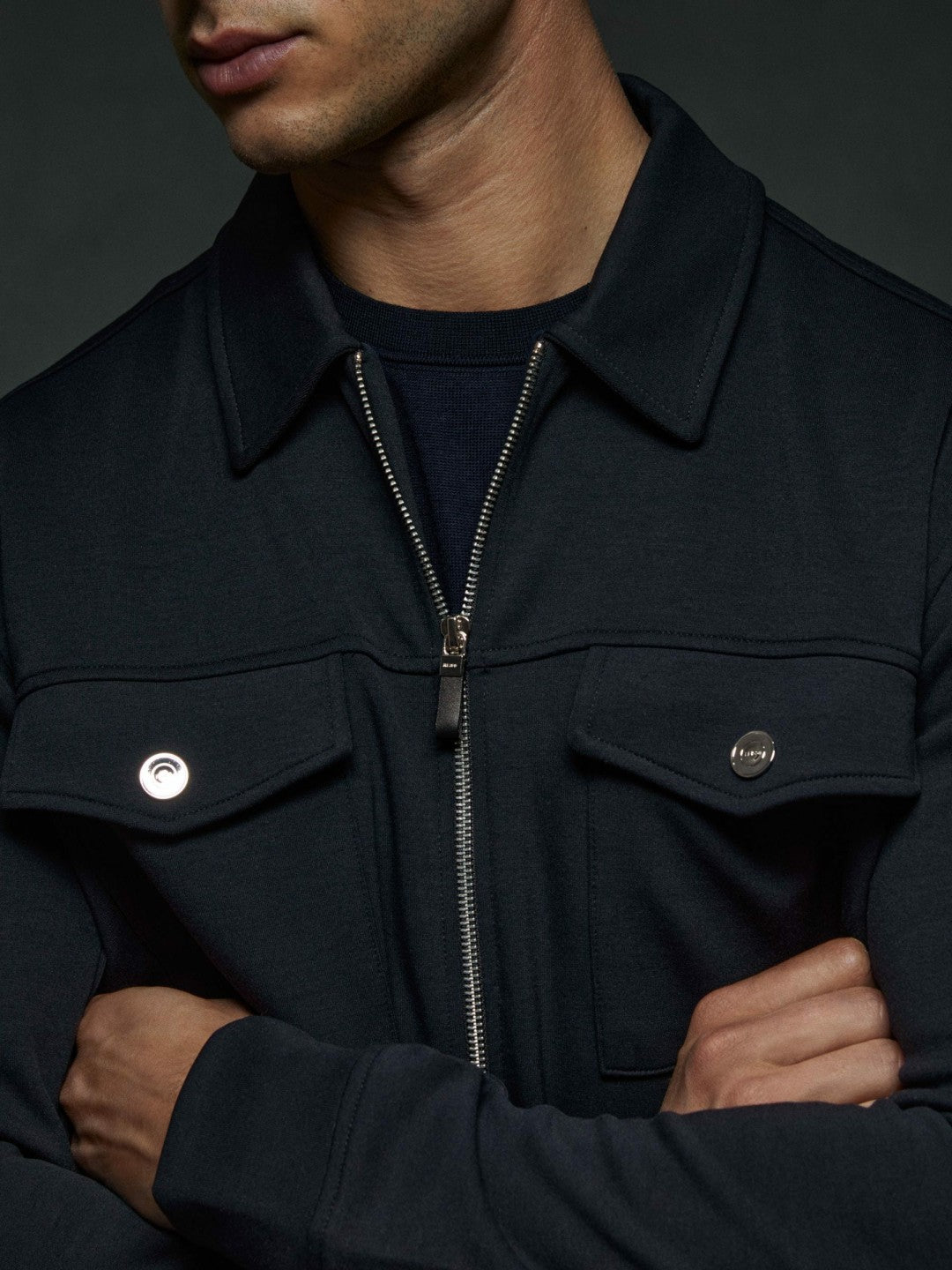 Men Interlock Jersey Zip-Through Jacket in Navy Blue