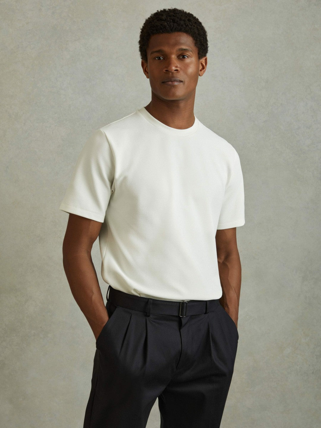 Men Textured Crew-Neck T-Shirt in Off White