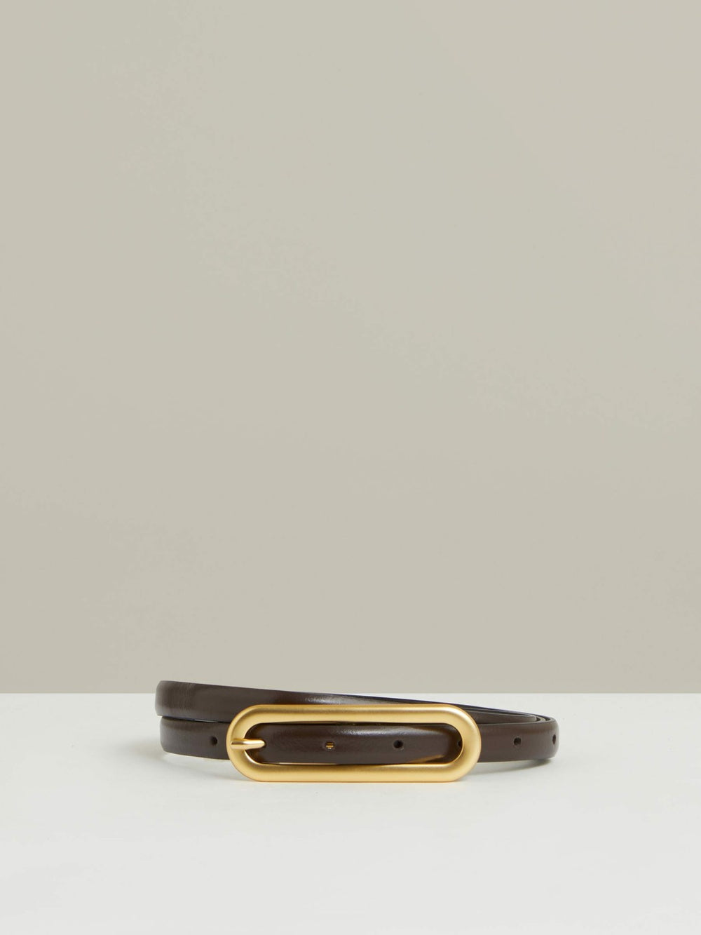 Women Thin Leather Elongated Buckle Belt in Chocolate