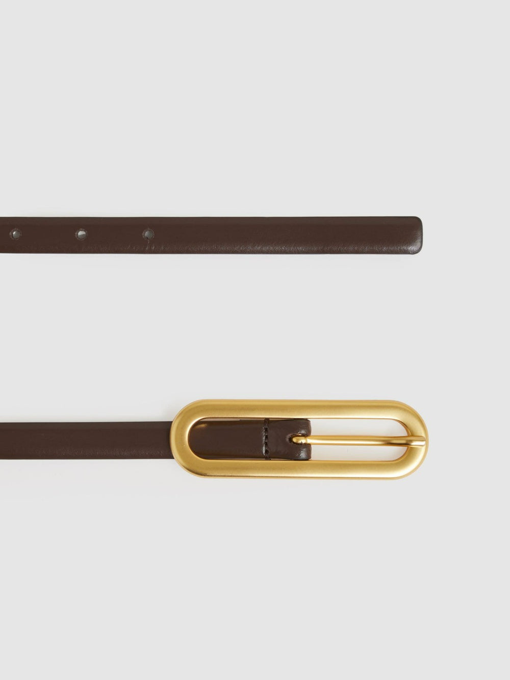 Women Thin Leather Elongated Buckle Belt in Chocolate