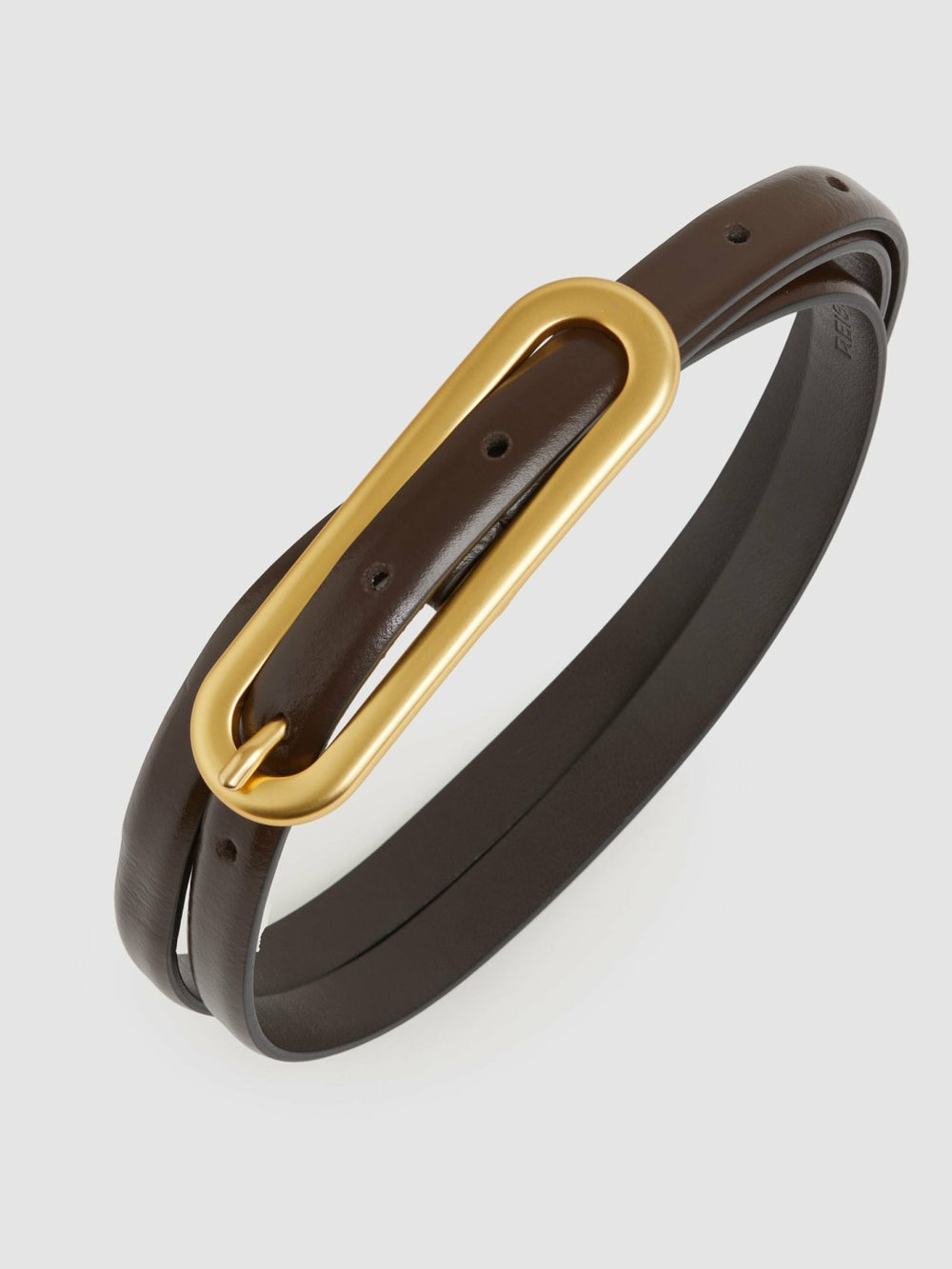 Women Thin Leather Elongated Buckle Belt in Chocolate