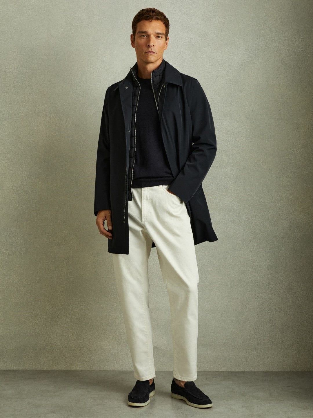 Men Hybrid Removable Funnel Neck Overcoat in Navy